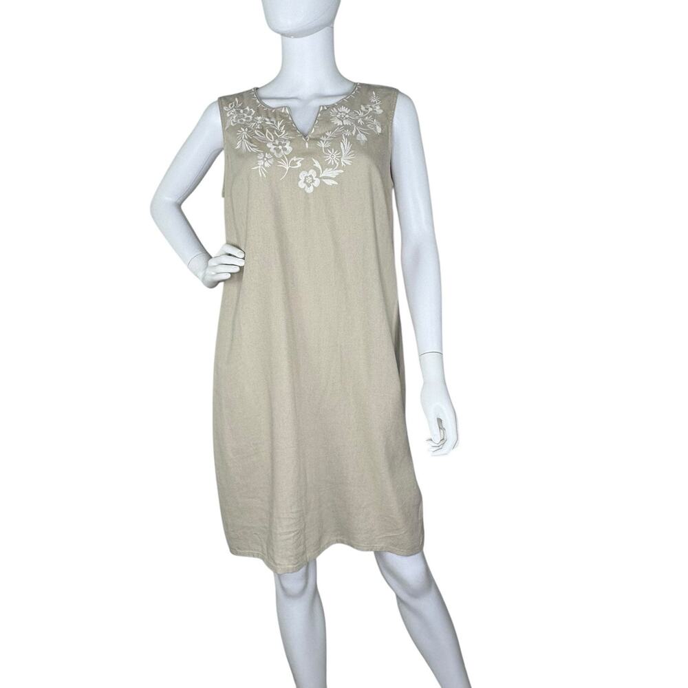 NWT Linen Blend Shift Dress Sleeveless Embroidered Beige Neutral Size S